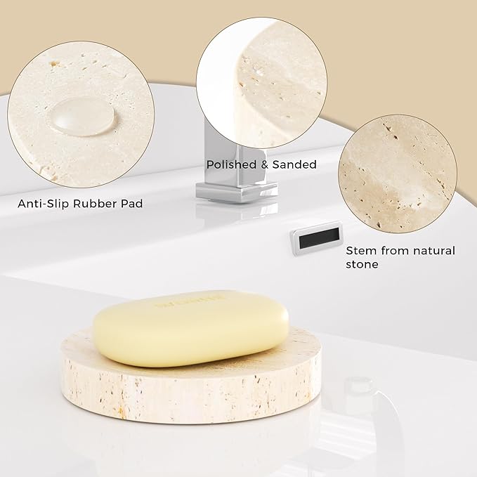 Marble Soap Dishes Natural Travertine Stone Sponge Holder for Bathroom Tub Shower Kitchen Sink, Handcraft Round Soap Case Trinket Plate Jewelry Tray Coaster for Home Decor Color Beige (WH046)