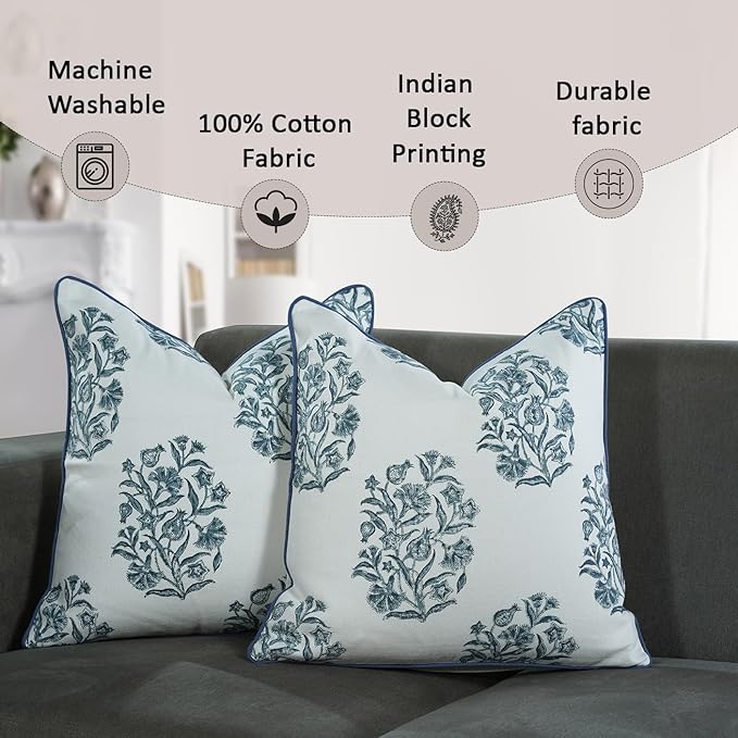CPC Indigo Blue Block Print Throw Cushion Cover 18 x 18 Inch Set 2 - Decorative Boho Floral Pillow Case for Living Room, Bed, Sofa, Couch, Home Decor Cushion Cover Gift for Spring, Mother's Day