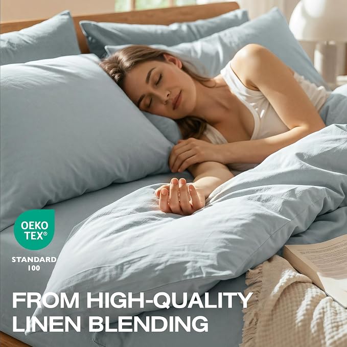 100% Pure French Flax Linen Blend Duvet Cover Set Queen Size, 3-Piece Breathable Bedding Set with Long Zipper Closure & Corner Ties, Soft, Lightweight & Durable Bedding Ideal for Hot Sleepers