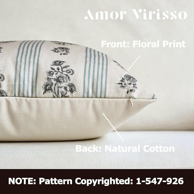 Amor Virisso Floral Throw Pillow Covers 12 x 20 Set of 2 Block Print Pillow Covers Neutral Floral Striped Farmhouse Decorative Pillow Covers for Sofa Couch Bed, Light Blue