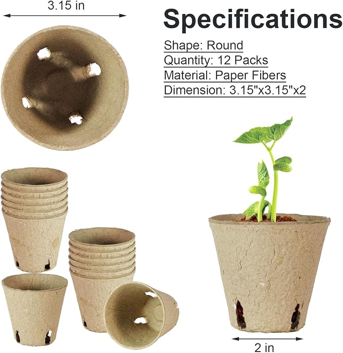 12 Pcs Peat Pots, Biodegradable Pots for Seedlings with Drain Holes, Garden Plant Nursery Pots for Plants, Vegetables,Fruits and Herb (12)