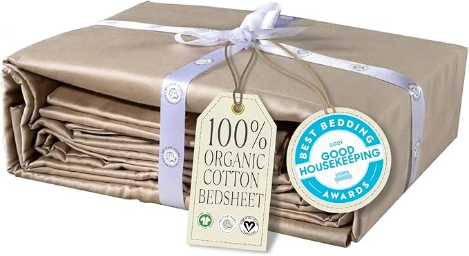 Delilah Home 100% Organic Cotton Twin Bed Sheet Set, GOTS & Vegan.org Verified, Long Stem 300 TC Sateen Bedding, Non-Synthetic, Deep Pocket Fitted Linen, Lightweight, All-Season, 3 Piece Set - Beige