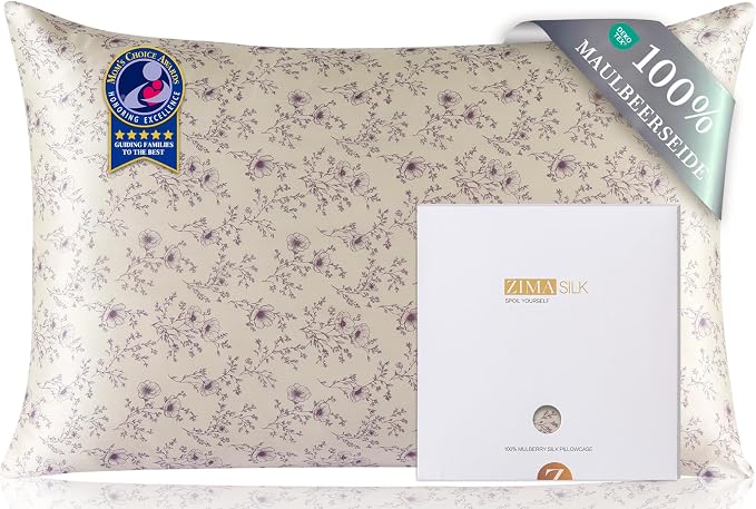 ZIMASILK 100% Pure Mulberry Silk Pillow Cases for Hair and Skin, Soft, Hypoallergenic & Smooth, Both Sides Grade 6A Silk, with Hidden Zipper, Gift for Women Men, 1pc (Queen 20"x30", Lilac Flower)
