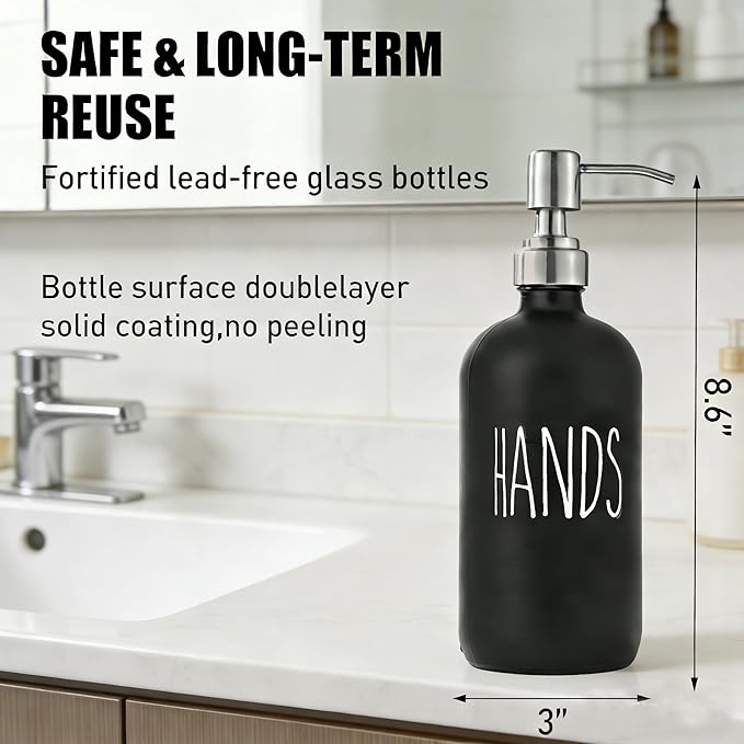 Black Glass Soap Dispenser with Stainless Steel Pump, Farmhouse Style Hand & Dish Soap Dispenser for Bathroom and Kitchen Sink, Soap Dispenser for Kitchen Sink(Black h)