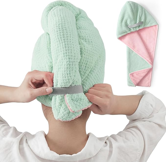 REDKISS Microfiber Hair Towel Wrap for Women, Double Sided Hair Towels with Elastic Strap, Super Absorbent Quick Dry Hair Drying Towel for Long, Thick, Curly Hair, Anti-Frizz Turban (Grenn & Pink)