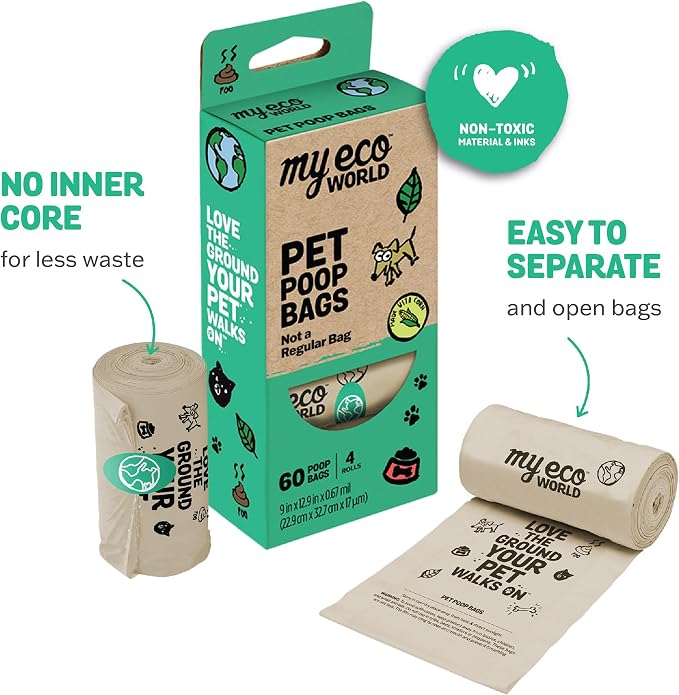 MyEcoWorld® Compostable Pet Poop Bags - Made with Corn and Other Certified Compostable Materials - 360 Bags - 24 Roll - Extra Strong - Leak Proof - Unscented - Easy to Open