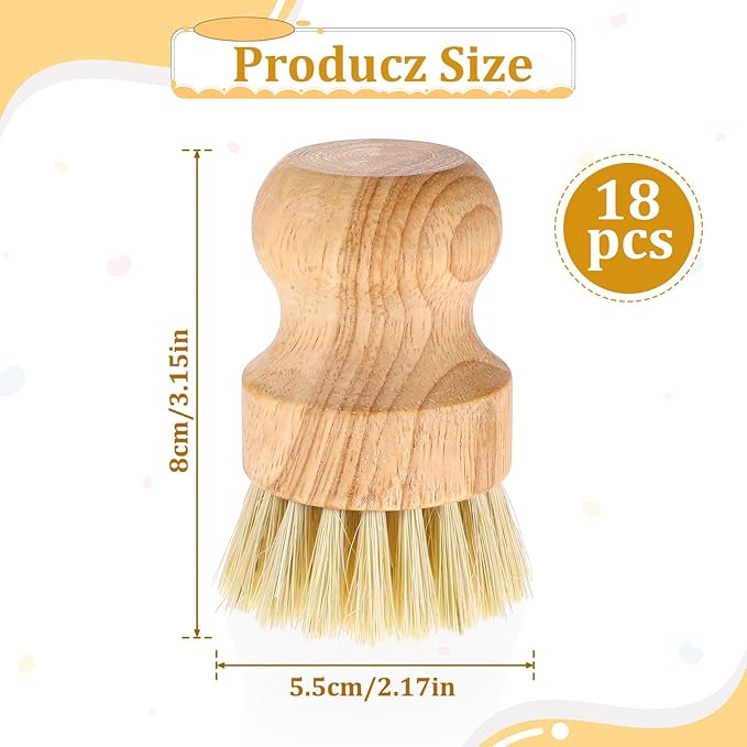 18 Packs Bamboo Dish Scrub Brushes Durable Wood Dishes Scrub Brush Wok Brush with Natural Sisal Bristles for Cleaning Pots, Pans, Sinks, Woks, Vegetables