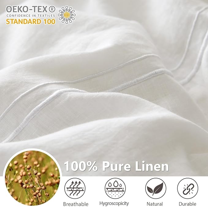Simple&Opulence 100% Washed Linen Duvet Cover Set 68"x86" - 2 Pieces Soft Farmhouse Comforter Cover Set Double Embroidered with Button Closure - 1 Duvet Cover and 1 Pillowcase (White, Twin)