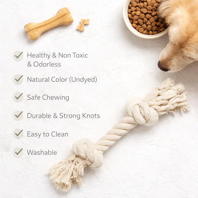 Dog Rope Toy for Aggressive Chewers, Organic Dog Toys, 15 Inch Long X 1-1/8 Inch Thick Indestructible, Heavy Duty Dog Rope Toy (2 Knots)