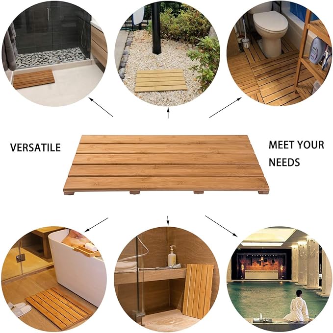 GOBAM Bamboo Bath Mat, Large, 26 x 15.75 x 1.34 inches - Water Resistant, Non-Slip Shower Mat for Spa, Sauna, Kitchen, Pool, Indoor, Outdoor - Bamboo Bathroom Accessories - Natural