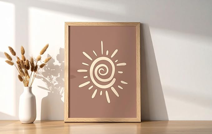 Abstract Spiral Sun Wall Art Swirl Sunburst Print Earth Tones Terracotta Tan Mid Century Modern 8x10 Inch Oak Wood Beige Framed Tribal Boho Decor for Living Room