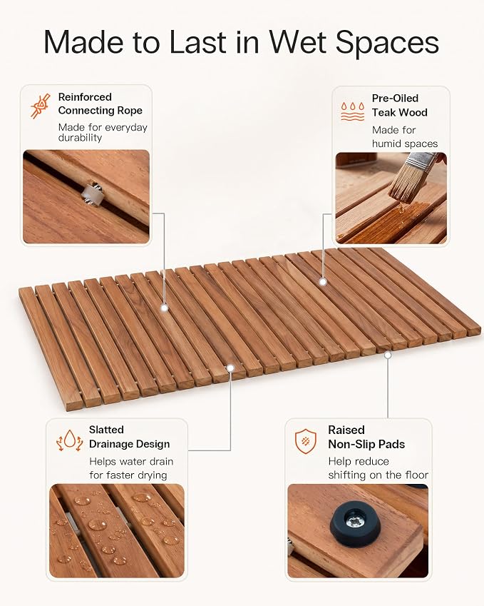 StrongTek Roll Up Teak Bath Mat, Pre-Oiled Wooden Shower Mat with Non-Slip Pads, Teak String Mat for Bathroom, Spa Floor Mat for Tub, Shower & Entry, 35.4 x 19 in