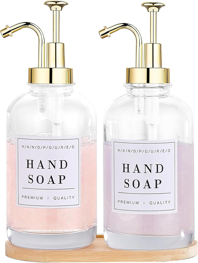 Glass Soap Dispenser with Pump,Tray,Funnel, Countertop Soap and Lotion Dispenser Set of 2 with 60 Stickers, Dish and Hand Soap Dispenser Bottle for Kitchen,Bathroom,Shower,500ml/16.9oz