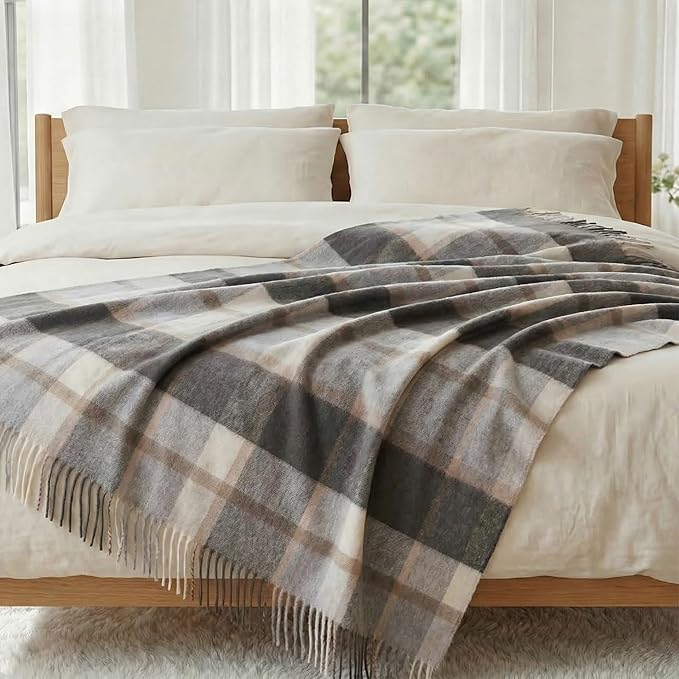 Soft Pure Wool Throw Blanket, Lightweight Warmth, 55"x83", Plaid, Fringe, Compact with Bag, Useful Gift for Women Men, All Season Decorative Cozy Travel Blanket for Couch Bed, Outdoors