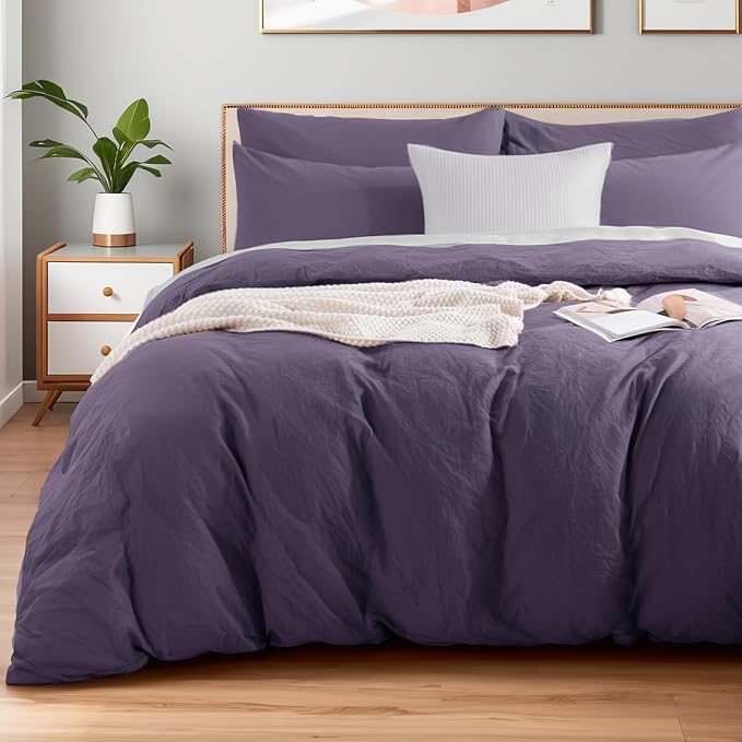 NEXHOME PRO 100% Washed Cotton Duvet Cover Twin Size, Ogranic Natural Linen Feel Breathable Bedding Set with Zipper Closure, 2 Pieces Duvet Cover Set Eggplant (No Comfortert) 6890
