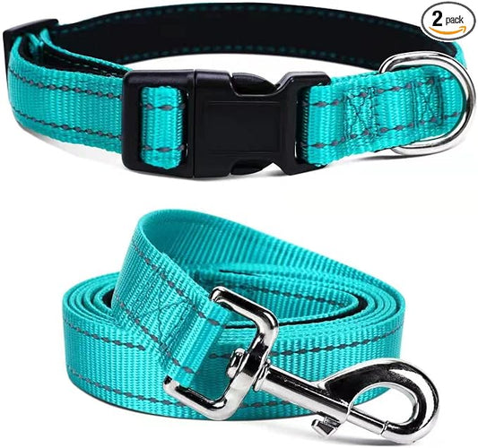 Durable Reflective Dog Collar and Leash Set with Double Layer Nylon, Soft Neoprene Padded Dog Collar with 5ft Strong Pet Leash Easy for Medium Large Dogs Walking,Teal,Neck fit 14.0-23.5’’