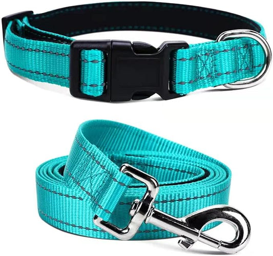 Soft Neoprene Padded Dog Collar and Leash Set for Small Medium Large Dogs, Reflective Durable Nylon Dog Collar with 5ft Leash Easy for Walking, Teal,Neck fit 12.5-19.5’’