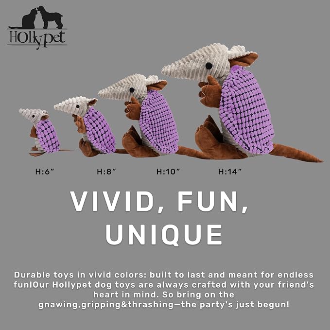 Hollypet Plush Dog Squeaky Toy Stuffed Armadillo Animal Pet Puppy Chew Toys with Clean Teeth for Small Medium Large All Breed Sizes Dogs, Purple, 10 in