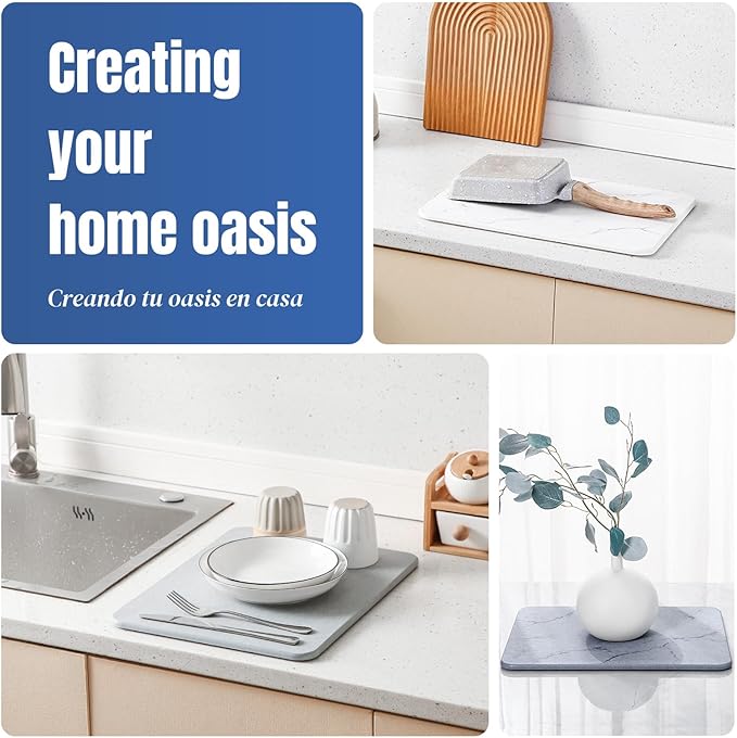 Quick Dry Stone Drying Mat for Kitchen Counter, Water-Absorbent Diatomaceous Dish Drying Mats, Multi-Purpose Stone Drying Tray for Cups Dishes Bottles, Carrara White