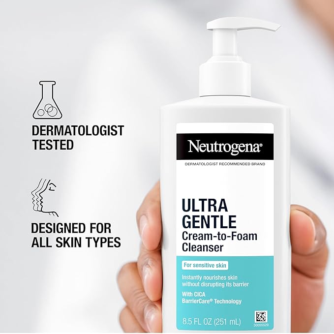 Neutrogena Ultra Gentle Cream to Foaming Face Wash for Sensitive Skin, Fragrance-Free Gentle Facial Cleanser, Hypoallergenic Skin Care, Non-Comedogenic Makeup Remover, 8.5 oz