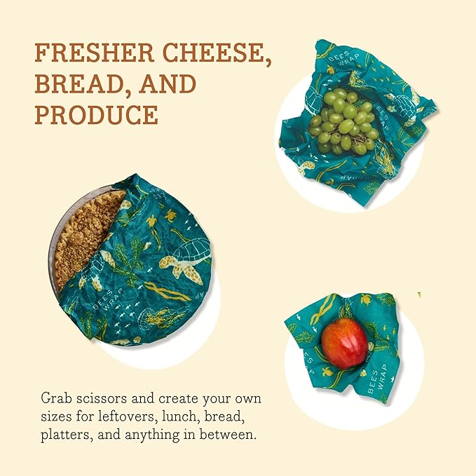 Bee's Wrap Ocean Conservation Set - Beeswax Food Wraps Bundle Includes 1 Bread Wrap, 1 Cut to Size Roll & 3 Assorted Wraps - Made in the USA Beeswax Reusable Wraps for Food