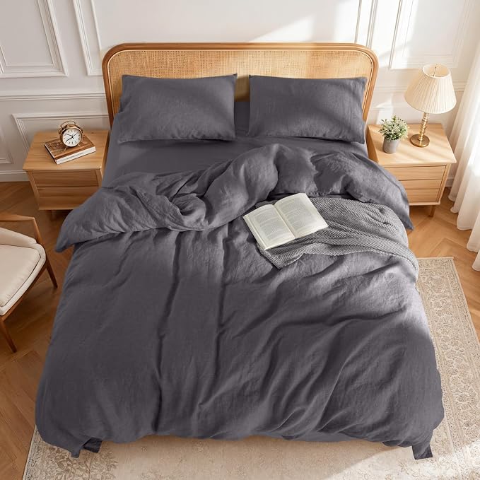 LBRO2M 100% France Linen Duvet Cover Set 3 Pcs Including 1 Flax Comforter Cover with Zipper Closure, 2 Pillowcase, Cozy Duvet Cover King Size, Dark Gray