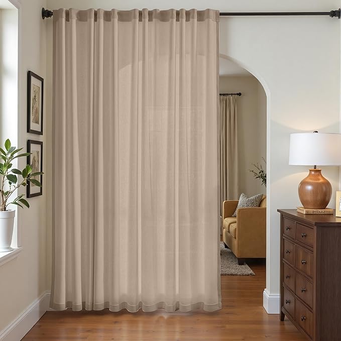jinchan Extra Wide Sliding Door Curtain 84 Inch Length Taupe Linen Curtains Semi Sheer Drapes for Patio Door Living Room Bedroom Home Office Light Filtering Drapes 100 Inches Wide 1 Panel