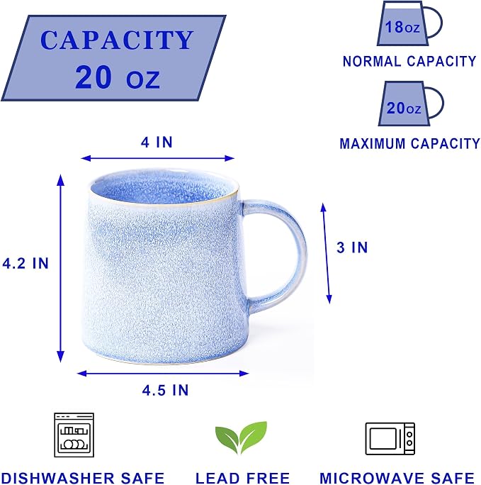 Large Ceramic Coffee Mugs, 20 oz Handmade Pottery Mug, Big Tea Cups with Handle for Office and Home, Dishwasher and Microwave Safe (Light Blue)