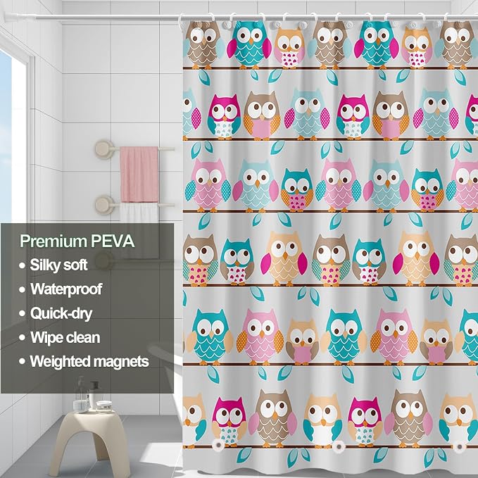 Plastic Shower Liner - Premium PEVA 4G Shower Curtain Liner with Rustproof Grommets and 3 Weighted Magnets, Waterproof Shower Curtain for Bathroom… (Owl, 72”*72”)