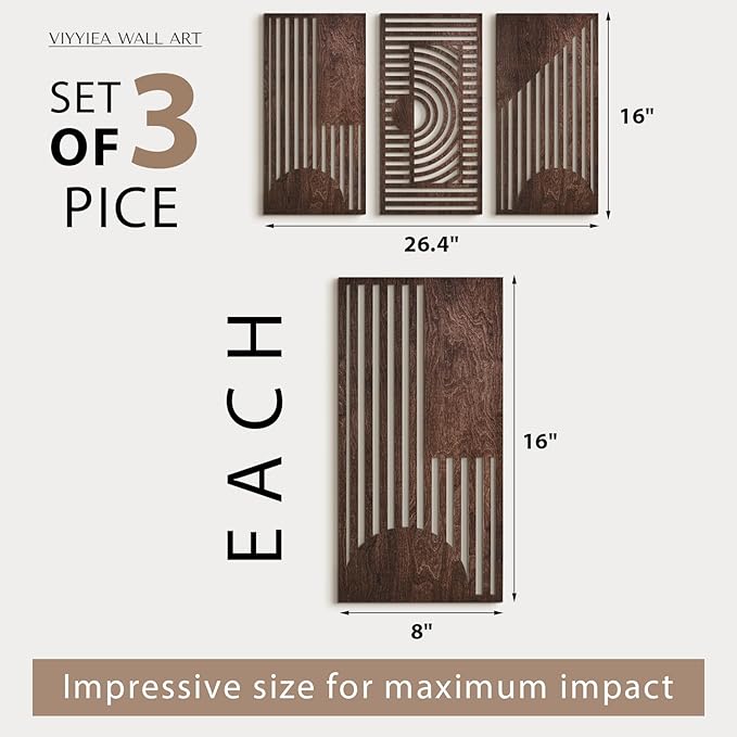 VIYYIEA Boho Solid Wood Carved Wall Art Set of 3, Geometric Minimalist Wooden Home Decor Panels, Handcrafted Solid Wood Wall Hanging for Living Room Bedroom Hallway, 16 x 8 Inch Each (Geometry I)