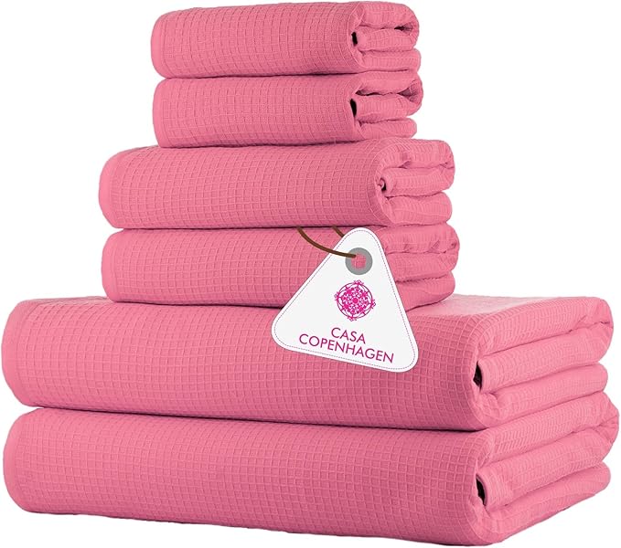 CASA COPENHAGEN Waffle 6Pcs 100% Egyptian Cotton Large Designer Towels Gift Set- Pink, 2Bath 2Hand 2Washcloths, Bath Towels for Bathroom (Box Pack, Set for Women & Men)