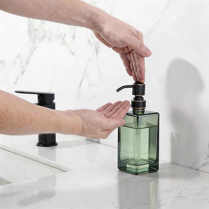 13.5 Oz Green Glass Soap Dispenser with Rust Proof Stainless Steel Pump, Antique Design Refillable Square Lotion Dispenser for Bathroom, Premium Kitchen Hand Soap (Oil Rubbed Bronze)