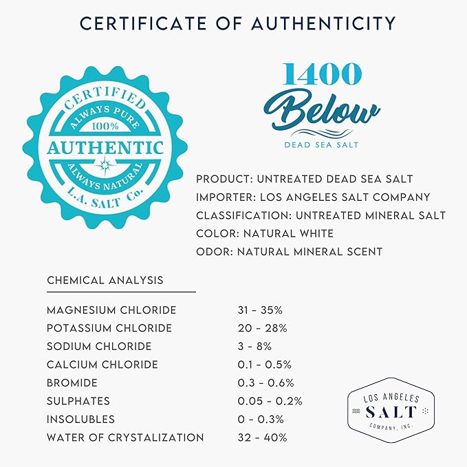 LA SALT CO 1400 Below 5 Lbs Jar Dead Sea Salt, Fine Grain - Foot and Spa Bath Soak, Exfoliating Body Scrub, 100% Pure and Mineral-Rich, Highest Mineral Content – Natural Muscle Tension Relief