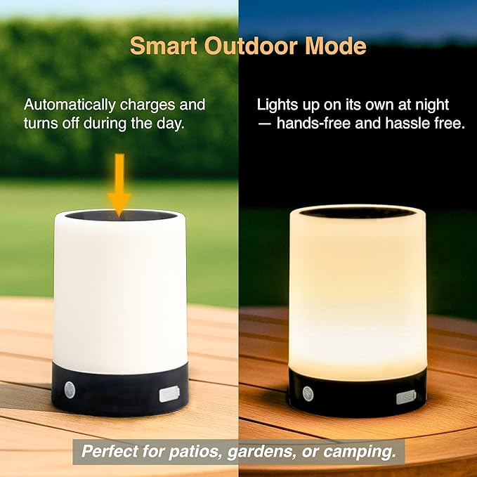 ORIMSBO® Solar Table Lamp, USB & Solar Rechargeable Bedside Night Light, 4 Brightness Levels, IP65 Waterproof, Portable Light for Bedroom, Camping, Patio, Emergency Use