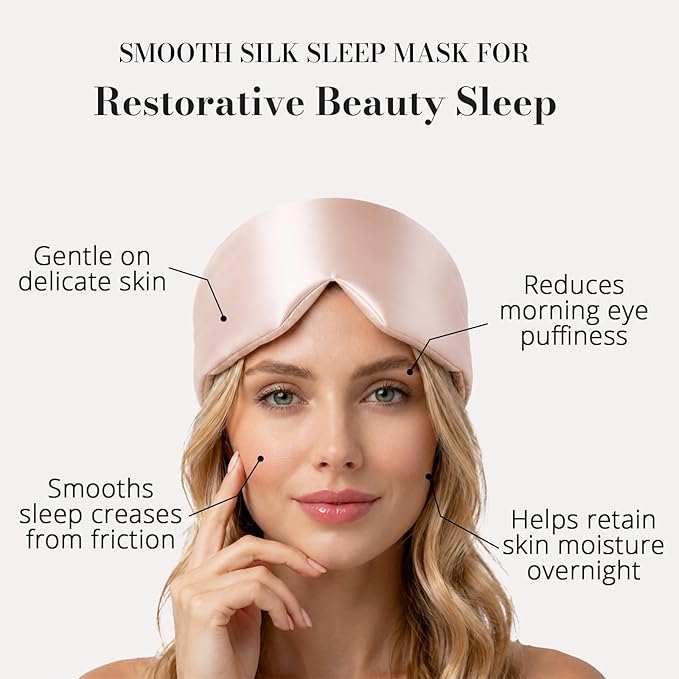 22 Momme Pure Mulberry Silk Sleep Mask, 3D Contoured Cup Eye Mask for Sleeping, Super Soft Breathable Blindfold with Adjustable Strap, Perfect Blocks Light for All Night Sleep, Pink