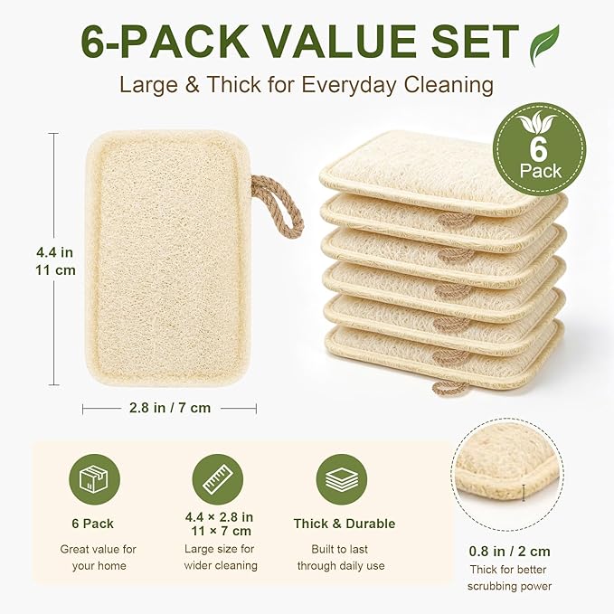 Natural Loofah Dish Scrubber Sponges, 6 Pack Large Plant-Based Kitchen Cleaning Pads, Compostable Non-Scratch Scouring Sponge for Dishes, Sink, Grout and Tile, 4.4 x 2.8 in
