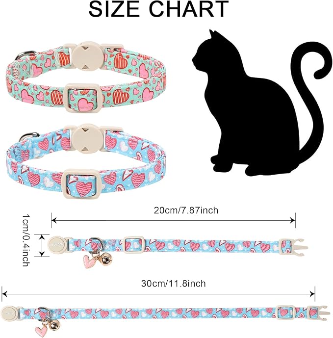 Cat Collar,2 Pack Valentines Day Cat Collar Breakaway,Safety Adjustable Collars with Bell for Kitten，Adjustable 7-12 Inch,Pet Supplies Accessories