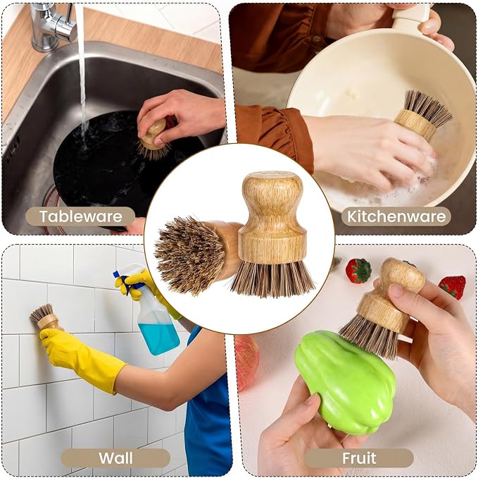 12 Packs Bamboo Dish Scrub Brush Wooden Washing Scrubbers with Sisal Bristles Kitchen Palm Pot Brush Round Mini Dish Brushes for Household Iron Pot Pan Sink Sink Vegetables Cleaning (Brown)