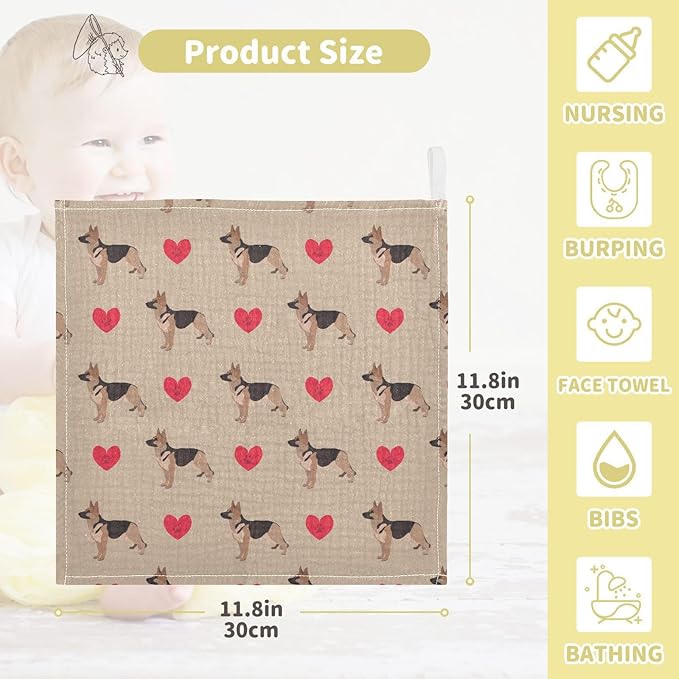 Baby German Shepherd Dog Heart Msulin Washcloths Newborn Face Towel - Baby Muslin Burp Cloths 5 Pack Soft Absorbent Natural Cotton Wash Towel 11.8"X11.8" Baby Bath Towels Wipes