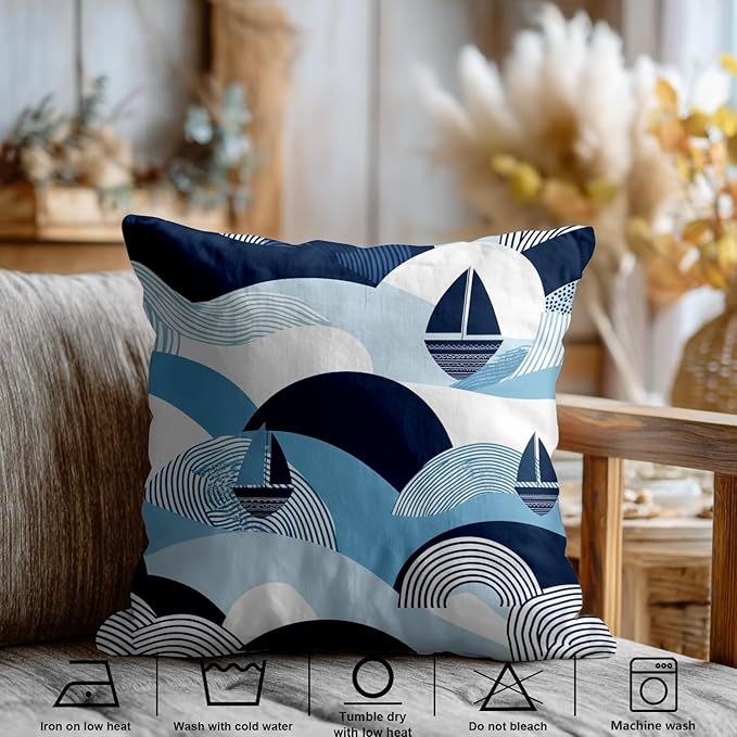 Shrahala Maritime Ocean Waves Decorative Throw Pillow Cover, Sailboat Coastal Vibes Square Pillowcase Blended Double-Sided No Inserts for Bedroom Living Room Set of 2 (16 X 16 in)