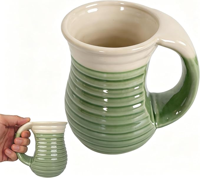 18oz Hand Warmer Ceramic Mug, Handmade Coffee Mug with Contoured Comfort Handle, Microwave Dishwasher Safe for Office Home Daily Use (Dark Green/White)