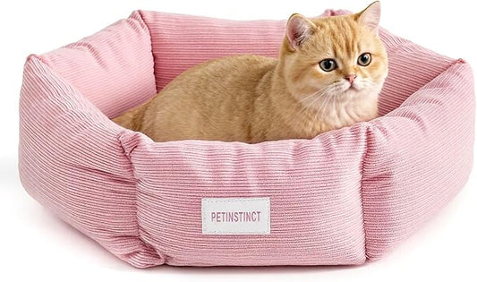 Cat Bed, 22 Inch Washable Corduroy Cat and Small Dog Bed with Removable Cover & Anti-Slip Bottom, Calming Comfort Pet Bed for Pets up to 15 lbs (Pink)