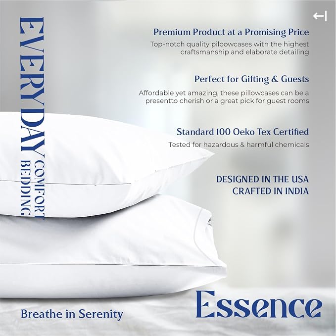 Mayfair Linen 100% Organic Cotton Percale Pillow Cases Queen/Standard Size Set of 4 - Percale Pillowcovers Standard/Queen (White, 2 Pair), Soft Pillow Case for Sleeping, Cotton Pillowcases