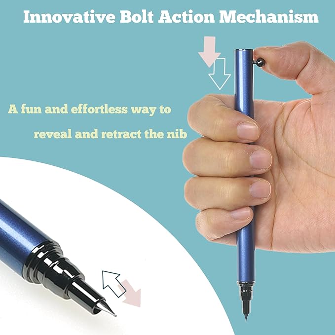 Retractable Fountain Pen – 0.38 mm Extra Fine Nib Fountain Pen, Smooth Fancy Pens with Converter, 6 Ink Cartridges & Gift Pouch for Writing (Blue)