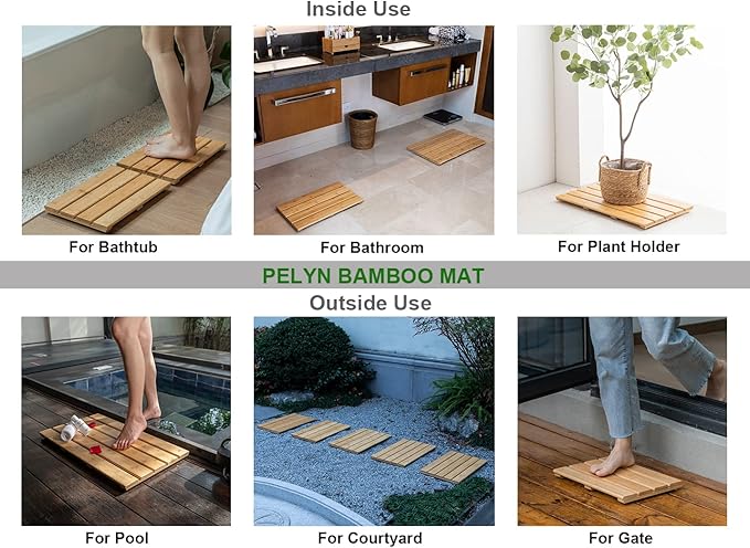 Small Bamboo Bath Mat – Mini Wooden Shower Floor Mat for Compact Bathroom, RV or Tight Spaces, Non-Slip, Quick Dry, Easy to Clean, Indoor Outdoor Use, 15.8" x 10.2" by PELYN