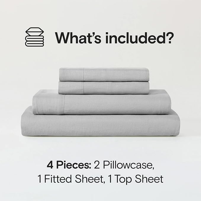 Sijo Stone Washed Organic French Linen Bed Sheet Set, GOTS Certified Organic, Best Cooling Linen Sheet Award by Sleep Foundation, 4 Piece - 2 Pillowcases, 1 Fitted and 1 Flat (Dove, Cal King)