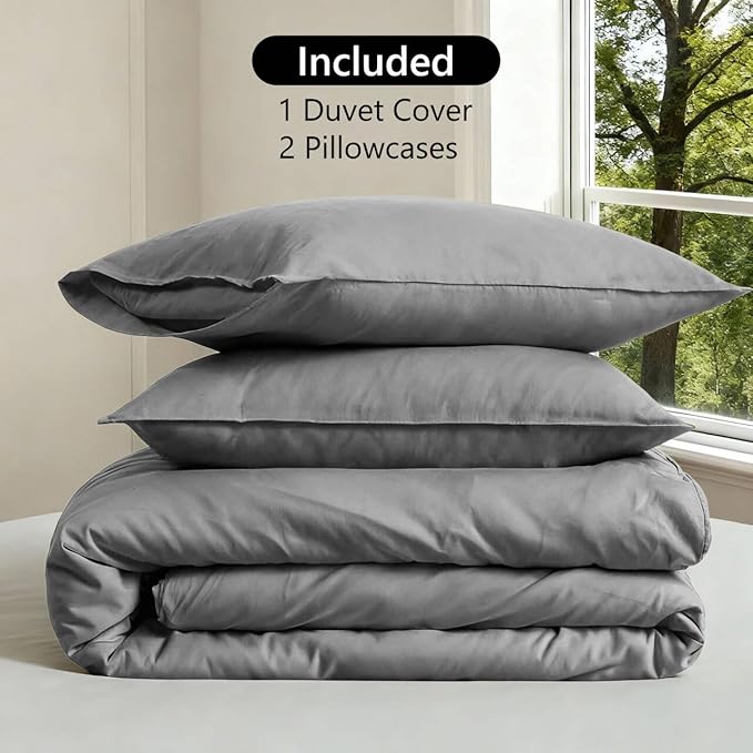 FALUCA French Linen Blend Duvet Cover Set 3Pcs King (104"x92") - Soft, Breathable, Cooling Farmhouse Bedding for Hot Sleeper (King, Light Grey)