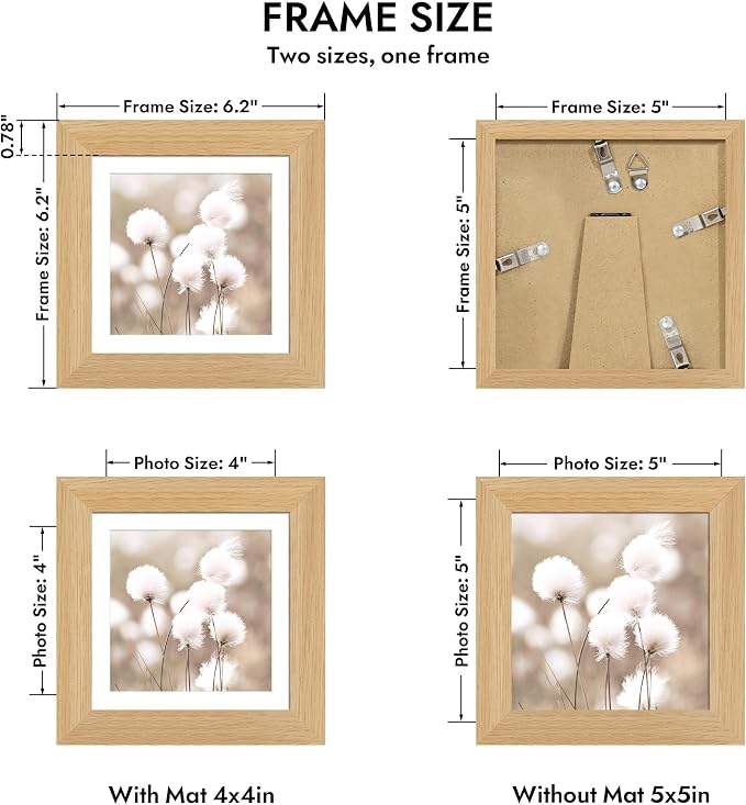 Hongkee 5x5 Oak Wood Picture Frame 1 Pack(Matted 4x4) with Real Glass Cover | Natural, 5 x 5 Solid Wood Frame for Wall or Tabletop Display - Includes Easel Back, Vertical Hang - Ideal for Home, Office