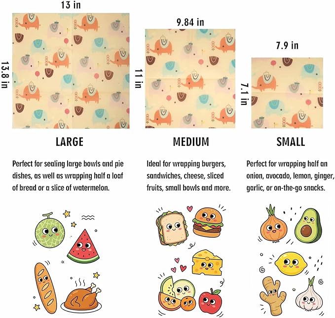 Beeswax Wraps for Food, Elephant 3 Pack (S, M, L) Reusable Food Wraps, Bread Sandwich Wrap, Zero Waste, Organic, Plastic-Free Food Storage Wrap