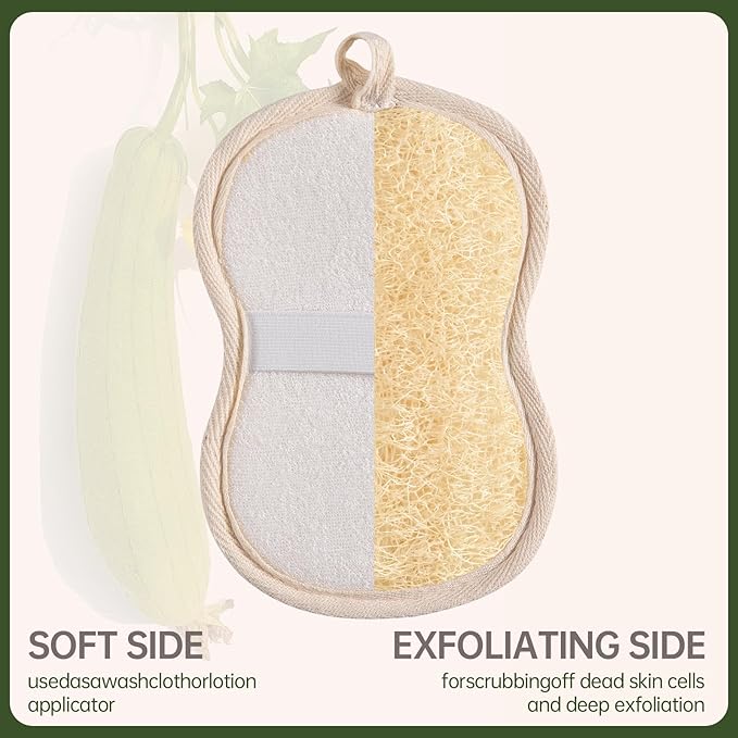 3 Pack Natural Loofah Exfoliating Body Scrubber, Biodegradable Bath Luffa Sponge, Loofas Body Scrub, Organic Loofah with Handle, Shower Loofah for Women